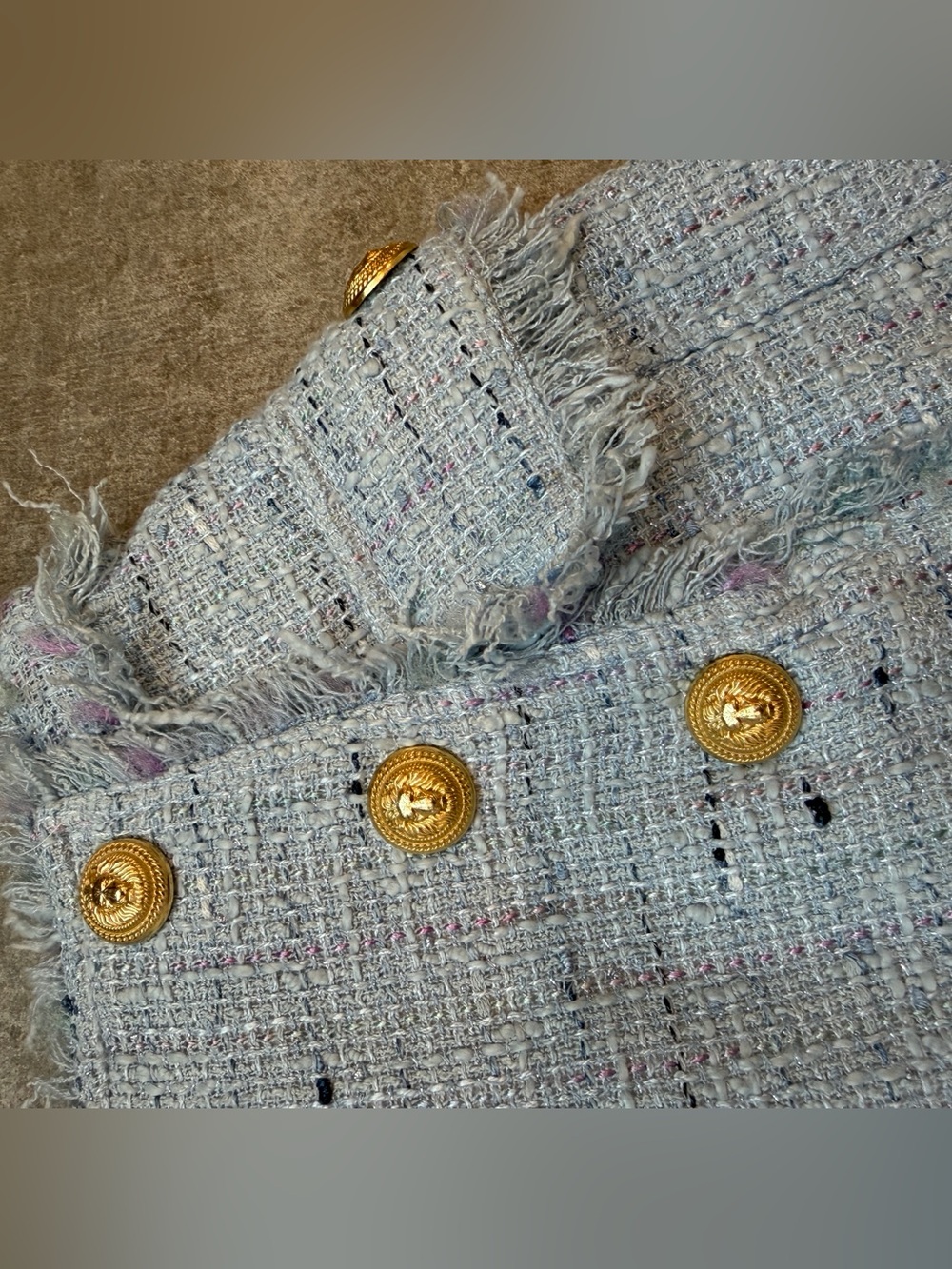 Balmain Light Blue Tweed High-Waist Shorts with Gold Buttons - Picture 4 of 8
